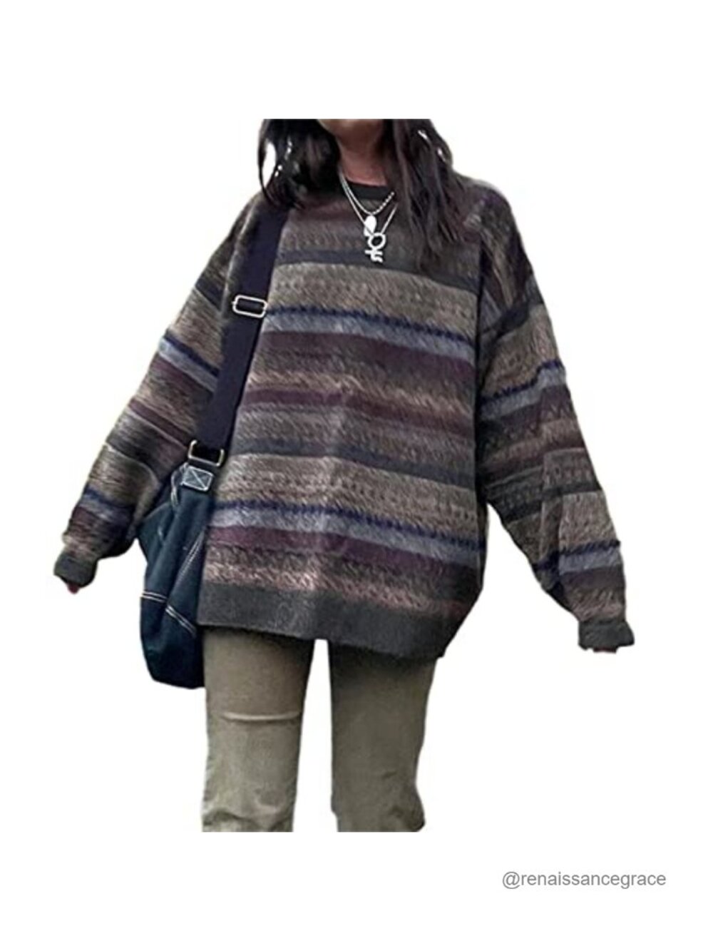 Y2K Argyle Striped Pullover Sweater Long Sleeve Round Neck Knitwear